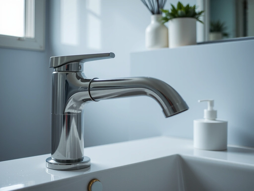 Stainless steel faucet reflecting pristine bathroom